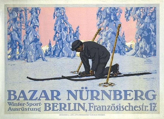 Ein Plakat für den Bazar Nürnberg Winter Sport in Berlin, Deutschland, das eine Person auf Skiern mit Skistöcken und Bäumen im Hintergrund zeigt, zusammen mit Text, der das Ereignis beschreibt.