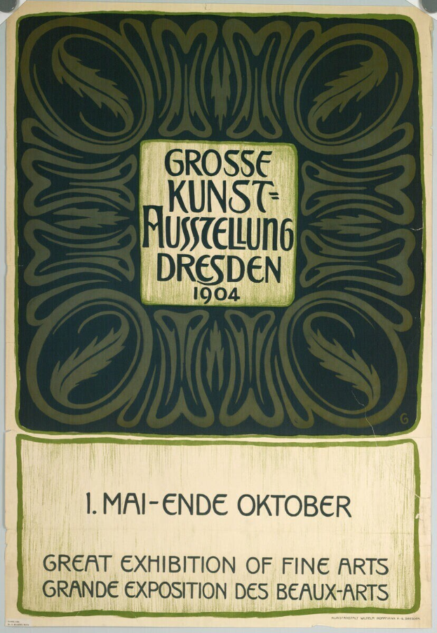 Plakat für die Große Ausstellung der Schönen Künste auf der Großen Ausstellung der Schönen Künste in Dresden, Deutschland, 1904, mit auffälligem Text, der das Ereignis ankündigt.