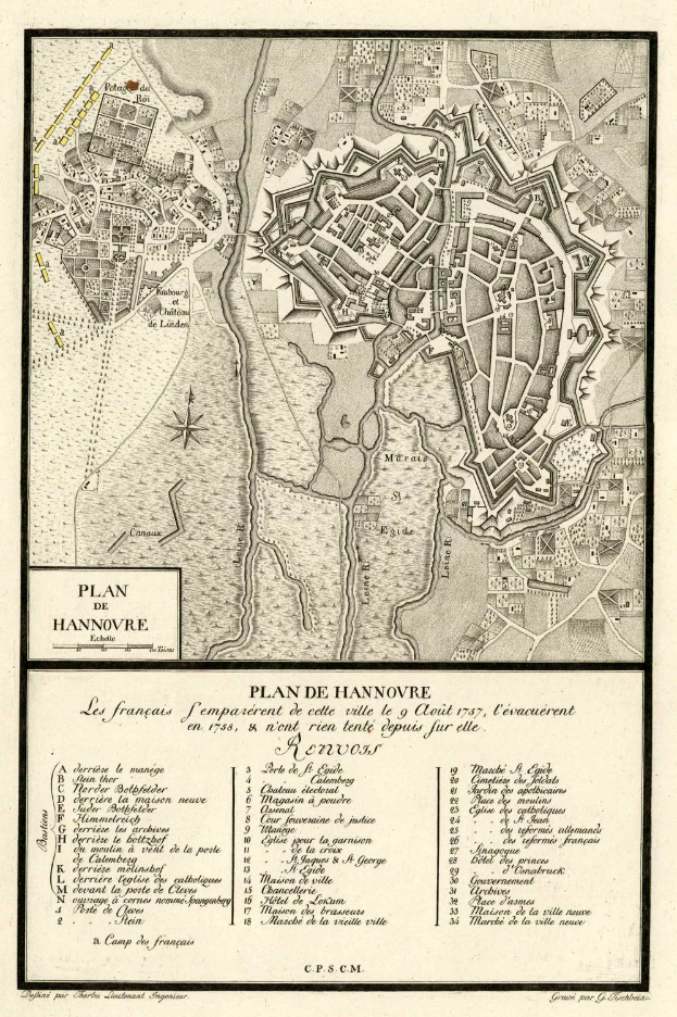 Ein detailliertes altes Stadtplan von Hannover, Deutschland, das Straßen, Gebäude, Sehenswürdigkeiten und Text zeigt, der Informationen über die Bevölkerung und bemerkenswerte Merkmale bereitstellt.