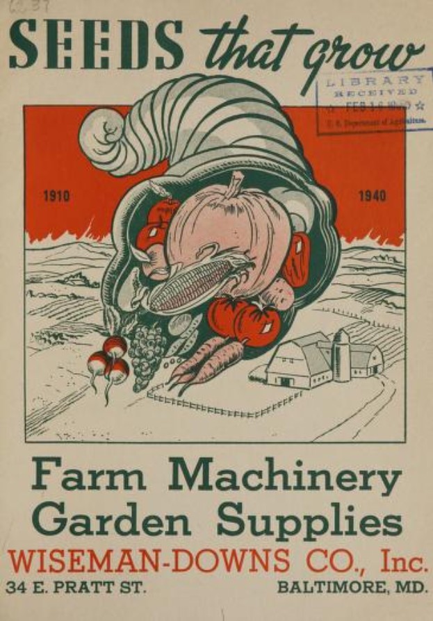 Ein Vintage-Plakat von Wiseman-Downs Co., Inc. mit verschiedenen Landmaschinen und Gartenzubehör, samt beschreibendem Text.