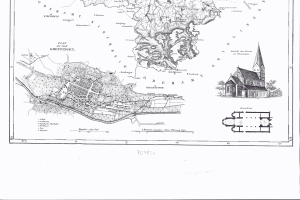 Eine schwarz-weiße alte Karte von Hamburg, Deutschland, mit einer zentralen Kirche und Textanmerkungen.