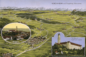 Eine alte Postkarte von Kirchheim und Umgebung, Deutschland, mit einer Karte der Stadt mit Geb├Ąuden, B├Ąumen, H├Ąngen und einem Himmel im Hintergrund sowie Text.