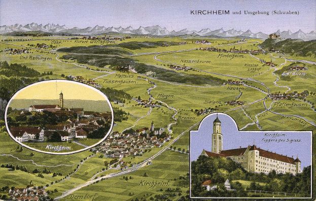 Eine alte Postkarte von Kirchheim und Umgebung, Deutschland, mit einer Karte der Stadt mit Geb├Ąuden, B├Ąumen, H├Ąngen und einem Himmel im Hintergrund sowie Text.