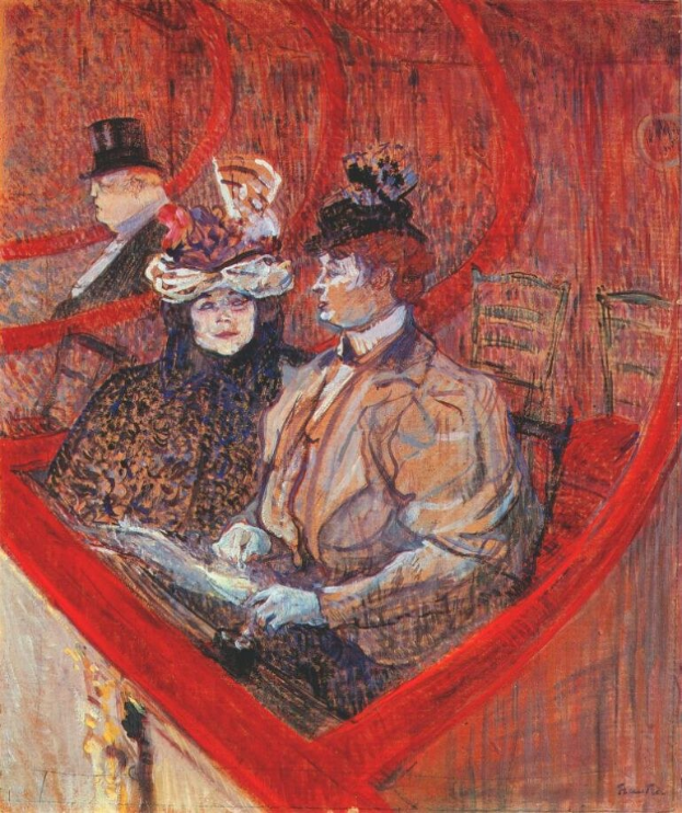 Gemälde mit dem Titel "Die Oper" von Edouard Manet, das zwei formell gekleidete Personen an einem Tisch mit einer stehenden Person im Hintergrund zeigt, in einem Raum mit gemustertem Tapeten, einem großen Fenster mit Blick auf eine Stadt Silhouette und gedämpften blauen und grauen Wänden.