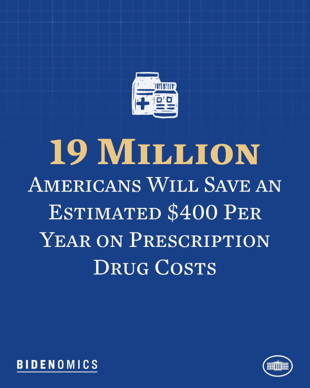 Blauer Hintergrund mit weißer Schrift und Logo, das "19 Millionen Amerikaner werden geschätzt 400 USD pro Jahr an Arzneikosten sparen" angibt.