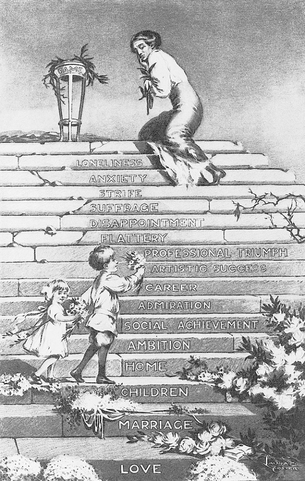 Eine Schwarz-Weiß-Illustration einer Frau und zweier Kinder, die eine Treppe hinaufsteigen, die mit Texten über verschiedene Lebenserfahrungen und Emotionen beschriftet ist und von Pflanzen und Blumen umgeben ist.