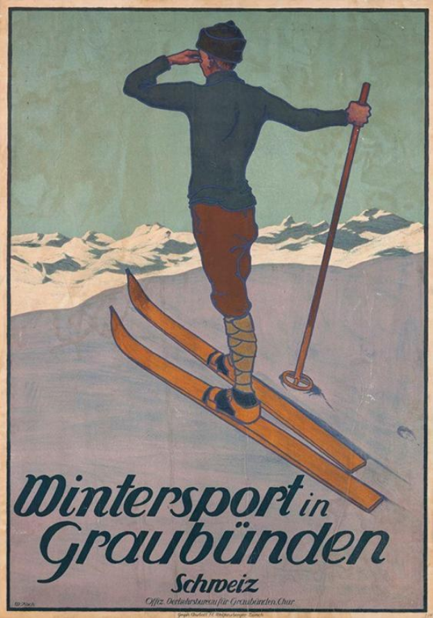 Ein Plakat, das eine Person auf Skiern mit einem Stock zeigt, vor schneebedeckten Bergen in Graubünden, Schweiz, mit Text zur Förderung eines Wintersports.