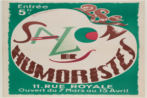 Ein Plakat, das ein Humor-Salon in Paris ankündigt, mit Text, der die Angebote des Salons beschreibt.