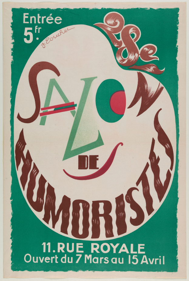 Ein Plakat, das ein Humor-Salon in Paris ankündigt, mit Text, der die Angebote des Salons beschreibt.