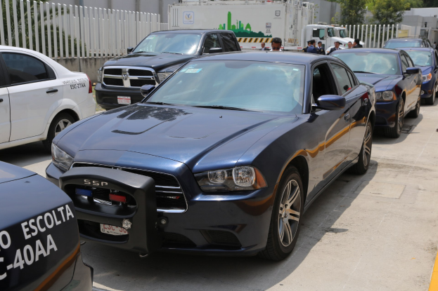 Eine Gruppe von Polizeiwagen nebeneinander auf einem Parkplatz geparkt, mit Menschen im Vordergrund auf der Straße stehend und Gebäuden, Bäumen und einem Zaun im Hintergrund unter einem klaren blauen Himmel.