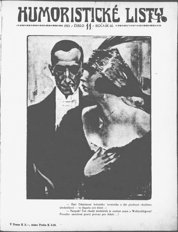 Schwarze und weiße Zeitschriftumschlag mit der Aufschrift 'Humoristische Liste', auf dem ein Mann im Anzug mit ernster Miene und eine Frau mit einem leichten Grinsen zu sehen ist.