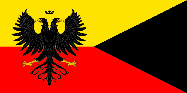 Deutsche Flagge mit drei horizontalen Streifen in Schwarz, Rot und Gold, die ein schwarzes Doppeladler-Motiv in der Mitte zeigt.