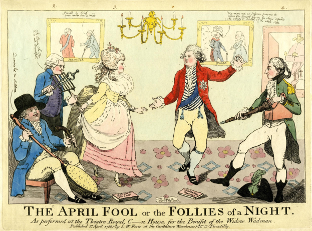 Ein hellblaues Blatt mit einer Zeichnung von Menschen in historischer Kleidung, die Musikinstrumente spielen, lächeln und Hüte oder Capes tragen, unter einem Kronleuchter, mit fetter schwarzer Schrift, die "The April Fool or the Follies of a Night" liest.