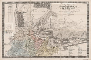 Ausführliche alte Karte von Weimar, Deutschland, zeigt Straßen, Gebäude und Sehenswürdigkeiten mit begleitendem Text über die Bevölkerung und Merkmale der Stadt.