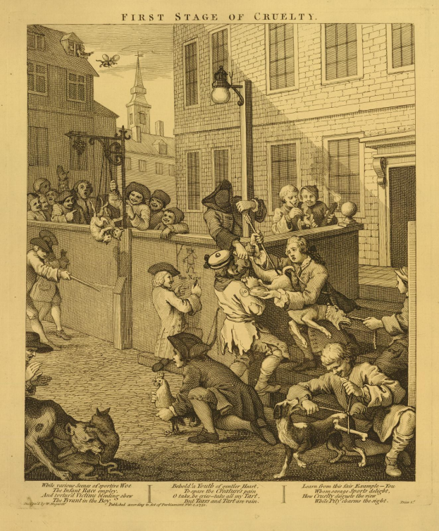 Ein handgezeichnetes Blatt Papier mit einer Gruppe von Menschen und Tieren vor einem Gebäude mit Fenstern und einer Straßenlaterne, betitelt "Erste Stufe der Grausamkeit" unten.