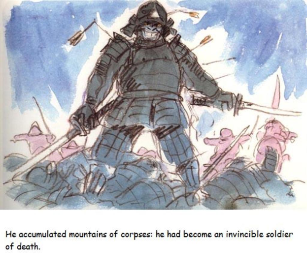 Ein Soldat steht in der Mitte des Bildes mit einem Berg von Kursen hinter ihm, symbolisierend sein angesammeltes Wissen und seine Unbesiegbarkeit.