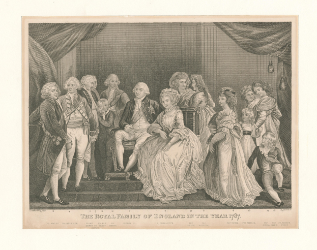 Eine Gruppe von Menschen aus der englischen Königsfamilie im Jahr 1787, die auf einer Treppe stehen und sitzen, mit Vorhängen im Hintergrund und Text unten.