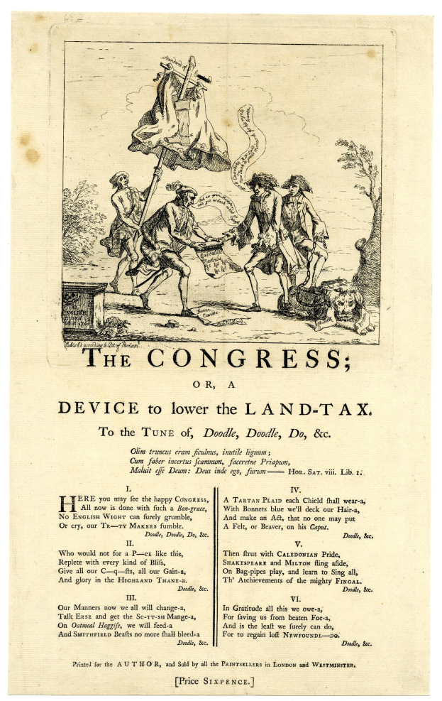 Ein Blatt mit einer Zeichnung einer Gruppe von Menschen in traditioneller Kleidung und Text, der "Der Kongress oder, Gerät zur Senkung der Grundsteuer" lautet, in einem dekorativen Rahmen.
