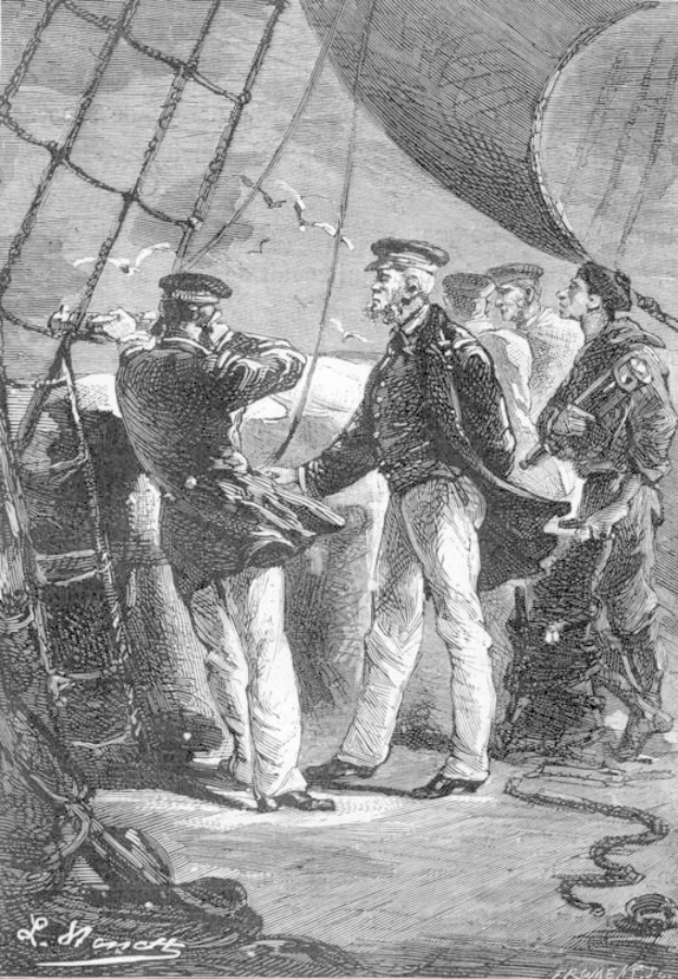 Eine Schwarz-Weiß-Radierung von Männern, die auf einem Boot mit einer Leiter, Seilen und anderen Gegenständen im Hintergrund stehen, mit Text unten, der "Das erste Schiff der Dienstpflicht" lautet.