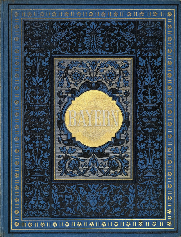 Ein blau-goldenes Buch mit dem Wort 'Bayern' darauf, das mit detailreichen Designs verziert ist.