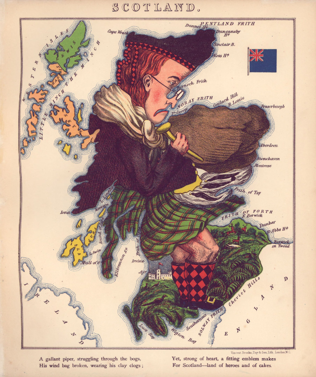 Alte Karte von Schottland mit einem Mann in traditioneller Highland-Kleidung, der eine Dudelsack spielt, gedruckt auf Papier mit Text und einer Flagge.