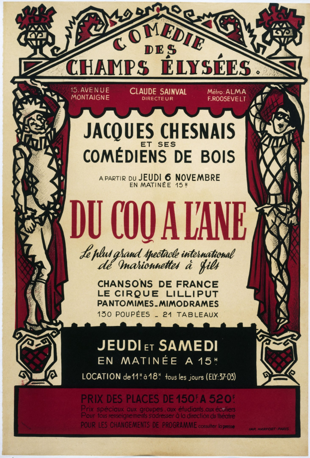 Plakat für eine Comedy-Show auf den Champs-Élysées in Paris mit Text und Bildern.