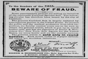 Ein schwarzes und weißes Plakat mit einer Betrugswarnung, das den Text 'Carlsbad Spruud Salt' und ein Firmenlogo zeigt.