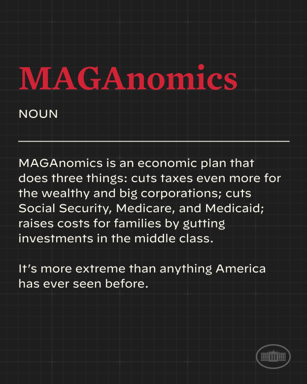 Plakat mit fetter schwarzer Schrift auf einem weißen Hintergrund, eingerahmt von einem schmalen schwarzen Rand, mit der Aufschrift "Maganomics: Ein Wirtschaftsplan, der drei Dinge tut - Steuern für Reiche und große Unternehmen weiter senken."