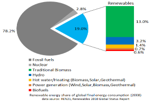 Ein Kreisdiagramm, das den globalen erneuerbaren Energieverbrauch im Jahr 2008 zeigt, unterteilt in Abschnitte für fossile Brennstoffe, Kernenergie, Wasser, Heißwasser, Heizung, Biomasse, Solarenergie, Geothermie und Biokraftstoffe, mit begleitendem Text, der weitere Dateninformationen bereitstellt.