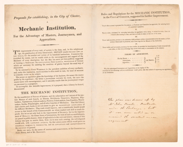 Ein offenes Buch mit dem Titel "Mechanic Institution, for the Advantage of Masters, Journeymen, and Apprenticeships" auf der Seite.