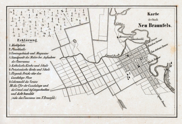Alte detaillierte Karte von Neu-Braunfels, Deutschland, zeigt Straßen, Gebäude und Sehenswürdigkeiten mit Textannotationen.