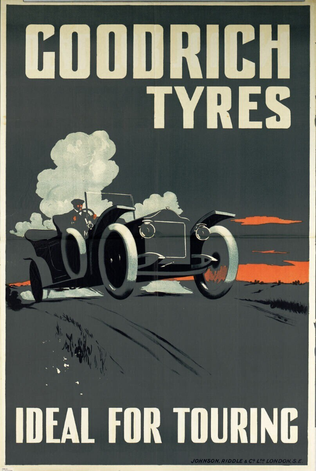 Plakatwerbung für Goodrich Reifen mit einem Auto und einer Person darin, das Text über das Unternehmen und seine Dienstleistungen enthält.