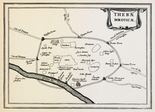 Ein detaillierter alter Stadtplan der Stadt Boetica, der Straßen, Gebäude, Sehenswürdigkeiten und Text mit zusätzlichen Informationen zeigt.