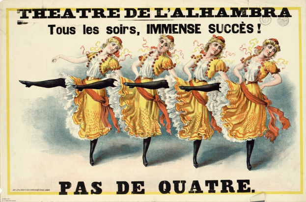 Ein Plakat für das Theatre de l'Alhambra in Paris, Frankreich, das eine Gruppe von Frauen in bunten Kleidern mit strahlenden Gesichtern beim Tanzen zeigt.