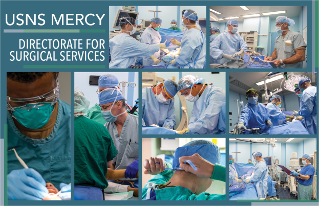 Eine Gruppe von medizinischen Fachleuten in Masken, Kappen und Handschuhen führt einen chirurgischen Eingriff in einem Operationssaal durch, mit Text auf der linken Seite, der "USNS Mercy Directorate for Surgical Services" lautet.