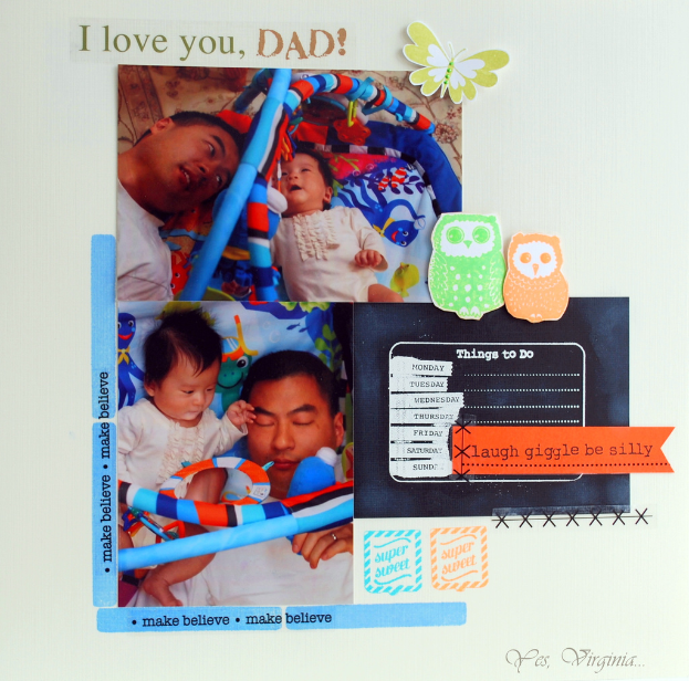 Eine Grußkarte mit zwei Bildern: einem Mann, der ein Baby in einer Wiege hält, und einem anderen mit zwei Eulen, mit Text dazwischen.