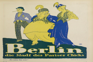 Ein Plakat, das ein Konzert in Berlin, Deutschland, ankündigt, mit einer Gruppe farblich gekleideter Menschen vor einem Gebäude mit der Aufschrift "Berlin - Die Stadt des Pariser Chicks" oben.