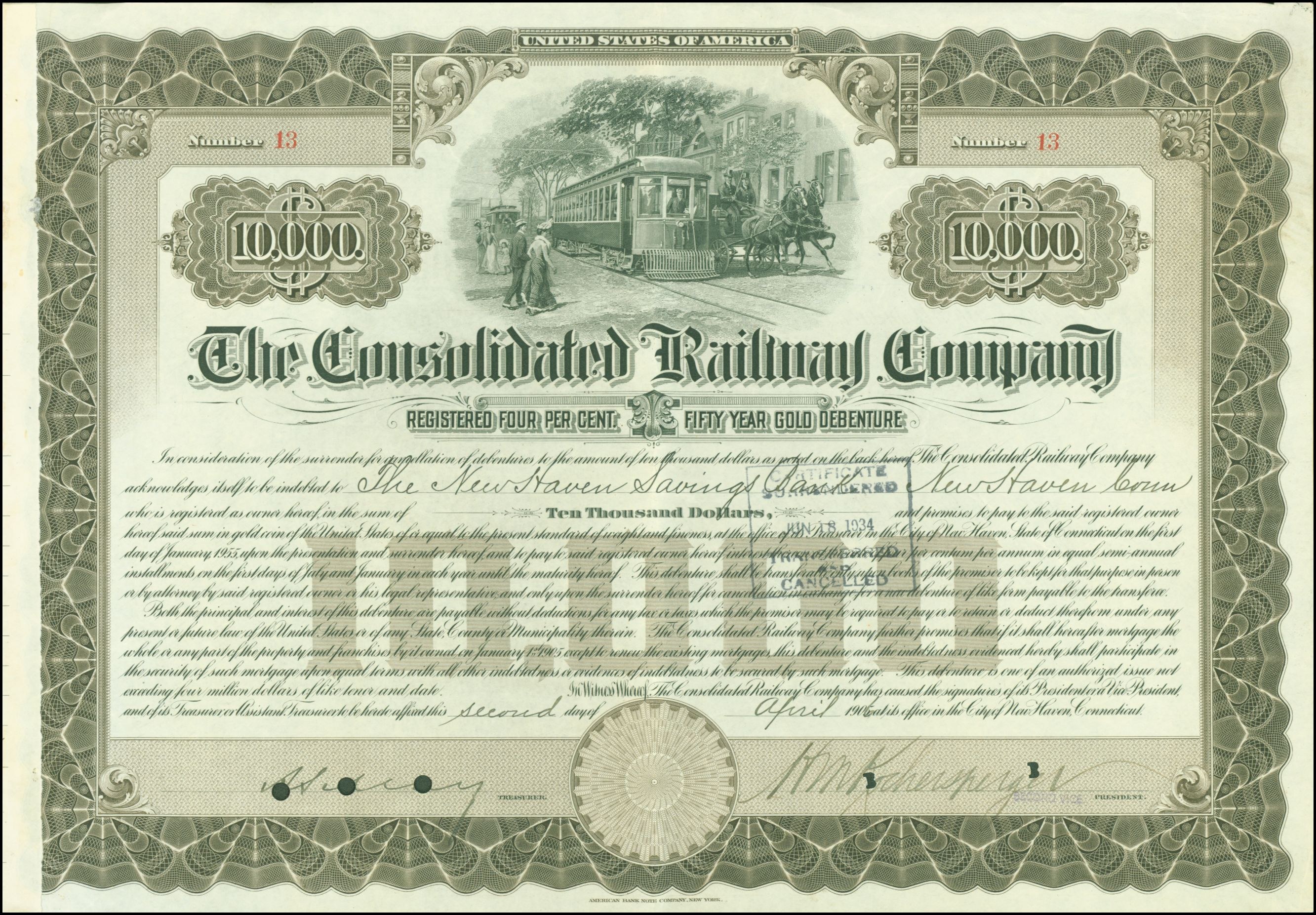 Konsolidierte Bahnaktie mit einer Illustration eines Zugs, umrahmt und mit gedrucktem Text.