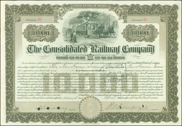 Konsolidierte Bahnaktie mit einer Illustration eines Zugs, umrahmt und mit gedrucktem Text.