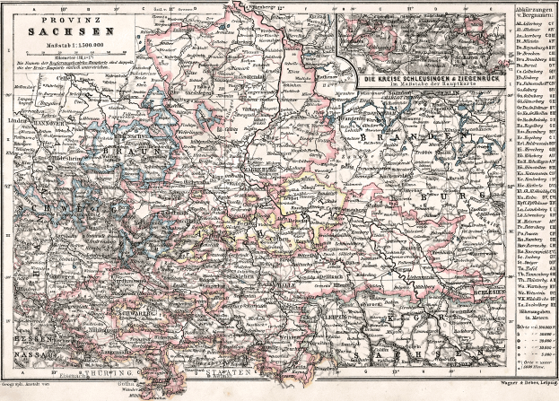 Ein detailliertes altes Kartenbild des Königreichs Sachsen, Deutschland, mit sichtbaren Provinzen von Bayern und Bayern, auf Papier gedruckt mit beschreibendem Text.