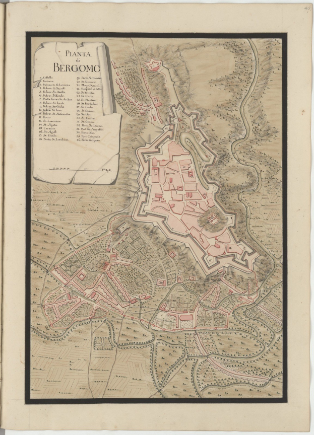 Detailierte Karte von Bergamo, Italien, aus einem alten Buch mit begleitendem Text über die Bevölkerung, Geschichte und Kultur der Stadt.