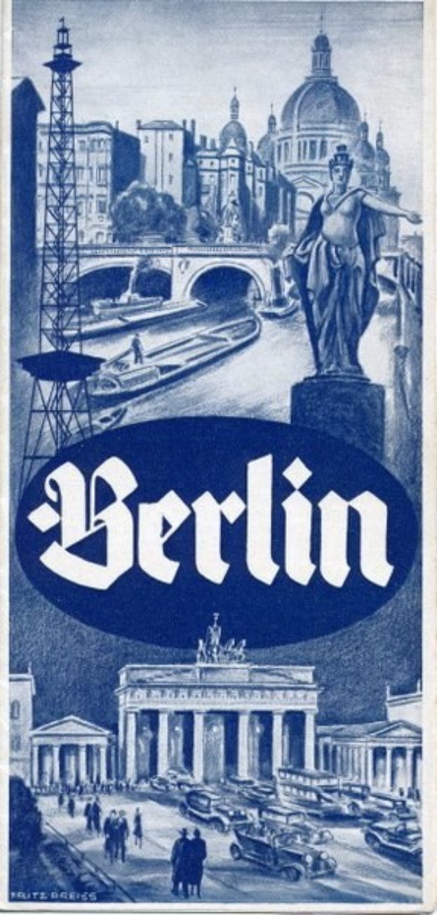 Plakat, das Berlin, Deutschland, bewirbt, mit einer Statue, Gebäuden, einem Turm, Menschen, Fahrzeugen auf der Straße und einer Brücke mit Text, der Stadtinformationen enthält.