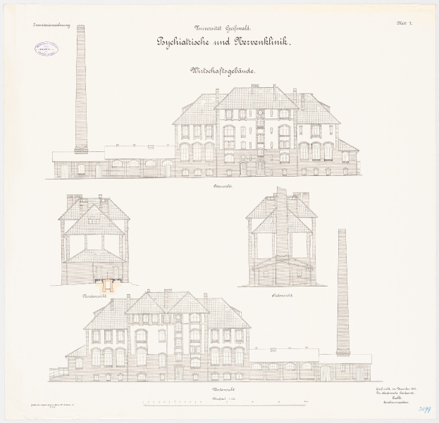 Eine Zeichnung eines mehrstöckigen Gebäudes mit zahlreichen Fenstern und einem Schornstein, das als psychiatrische Klinik in Deutschland identifiziert wurde, begleitet von handgeschriebenem Text auf demselben Papier.