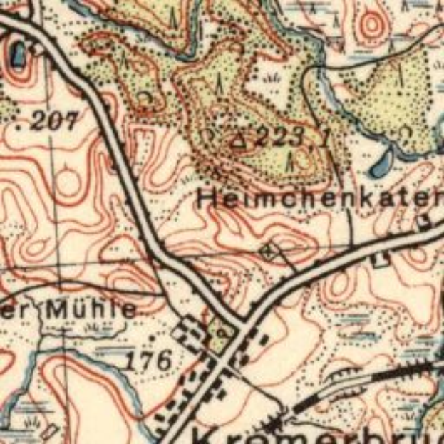 Ein altes topografisches Kartenbild von Kromerbrücke, Deutschland, das textuelle und numerische Daten zur Kennzeichnung bestimmter Orte enthält.