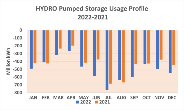 Eine Balkengrafik, die den Einsatz von hydrogepumptem Speicher von 2021 bis 2022 zeigt, wobei jeder Balken ein Jahr darstellt und seine Höhe den Speichereinsatz angibt, einschließlich Text mit zusätzlichen Datendetails.