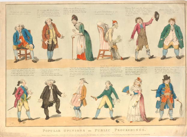 Zeitung mit gedruckten Bildern von Menschen und handgeschriebenem Text, der öffentliche Meinungen zu Gerichtsverfahren zusammenfasst.