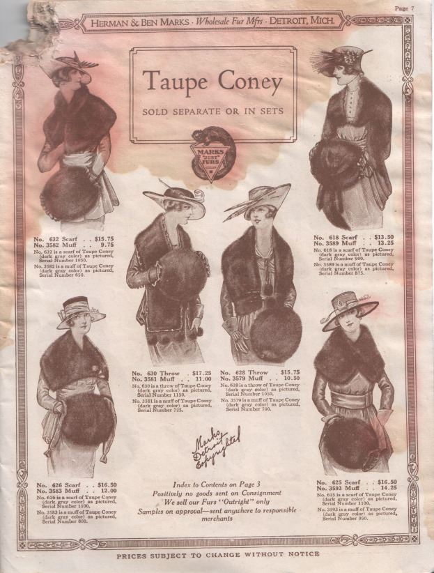 Papier mit Bildern von Frauen in Hüten und Schals, begleitet von Text, der "Taupe Coney - Separate oder im Set verkauft" lautet.