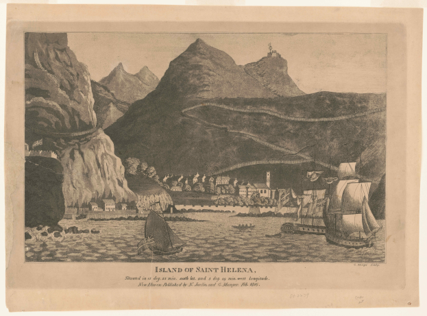 Eine Insel von Saint Helena mit Booten auf dem Wasser, Gebäuden und Hügeln, unter einem Himmel, mit Text am unteren Rand des Bildes.
