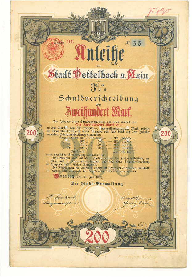 Altes deutsches Aktienzertifikat mit Porträt eines Mannes, gedruckter Text und numerischen Werten, die die Aktiendetails angeben.