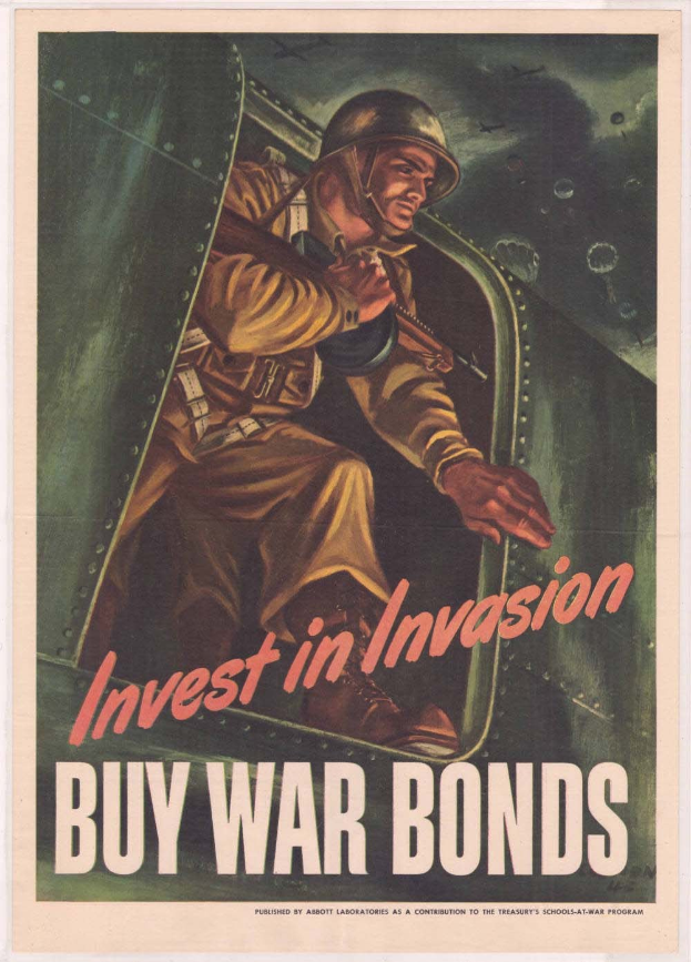 Plakat mit einem Soldaten in Helm und militärischer Uniform, der eine Waffe hält, und dem Text "Investiere in die Invasion, kaufe Kriegsanleihen" darüber, der eine entschlossene Miene zeigt.